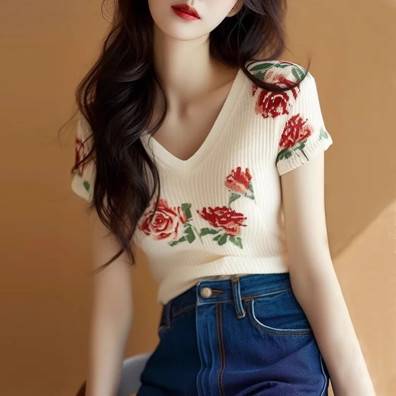 Women's Beige V Neck Knit Top  - огляд і ціна Embroidery Rose
