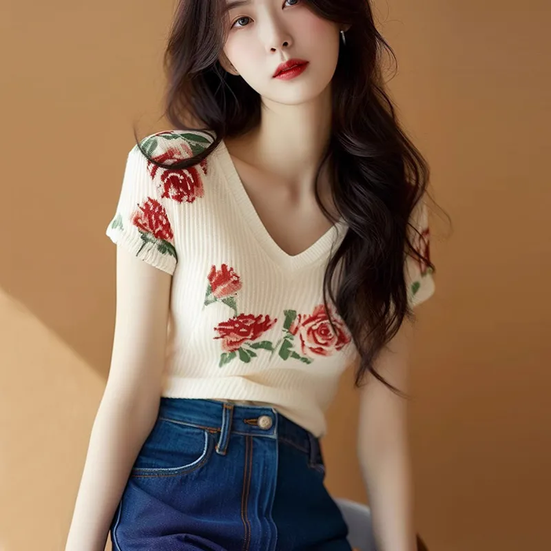 Women's Beige V Neck Knit Top  - огляд і ціна Embroidery Rose